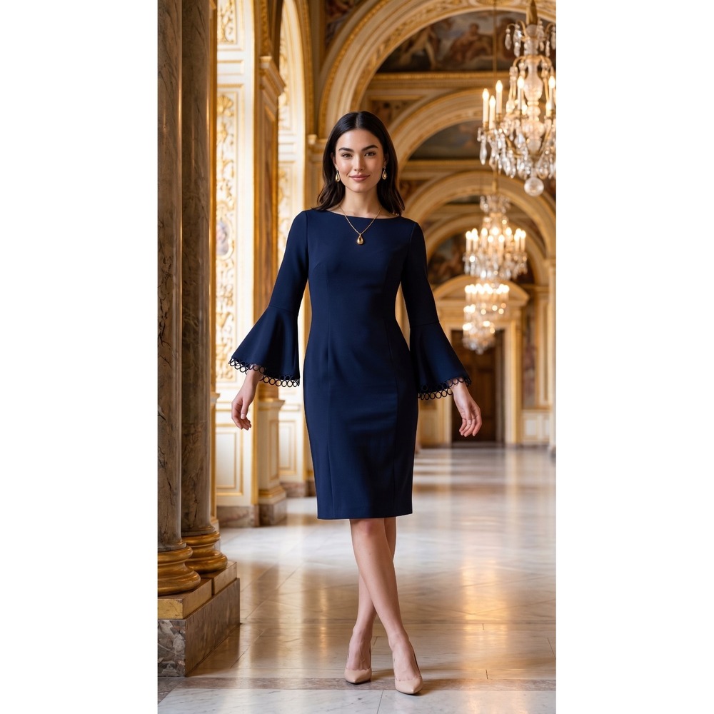 Calvin Klein Women's Size 10 Navy Circular Lace Bell Sleeve Sheath Dress